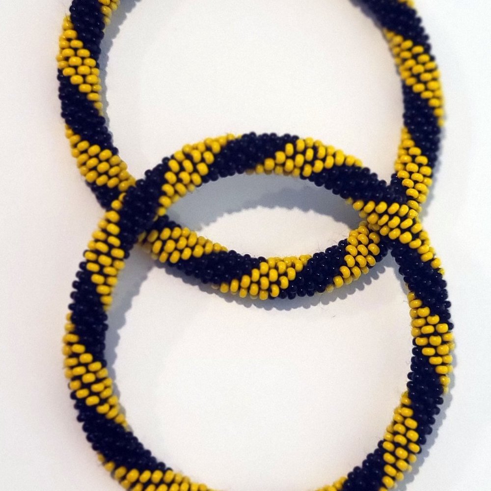 Set of 2 Black and Yellow Colors Pattern Roll Over Handmade Glass Beaded Crochet